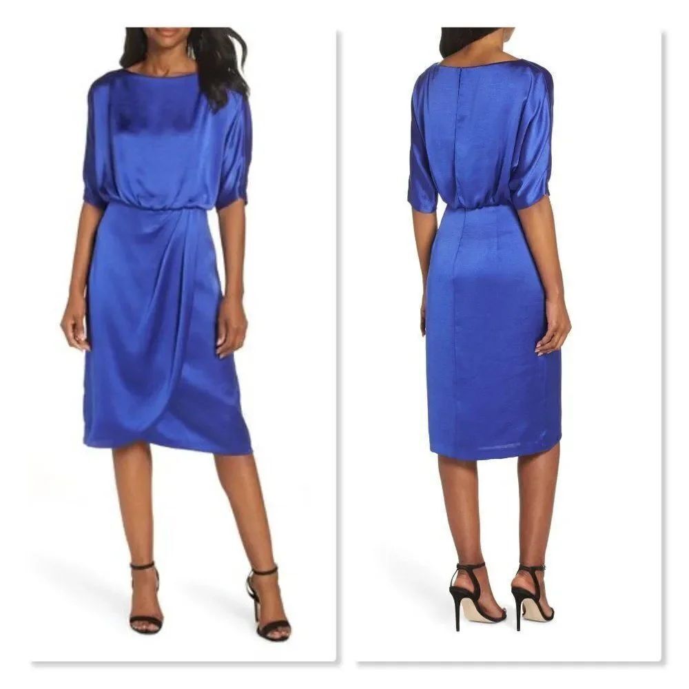 Maggy London Blue Satin Draped Blouson Dress size 6